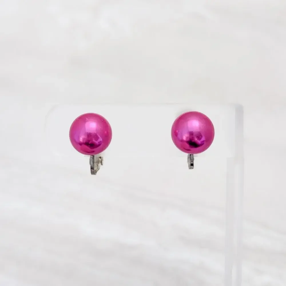 Vintage Clip On Earrings Bright Pink Ball / Faux Pearl Statement Retro Glam